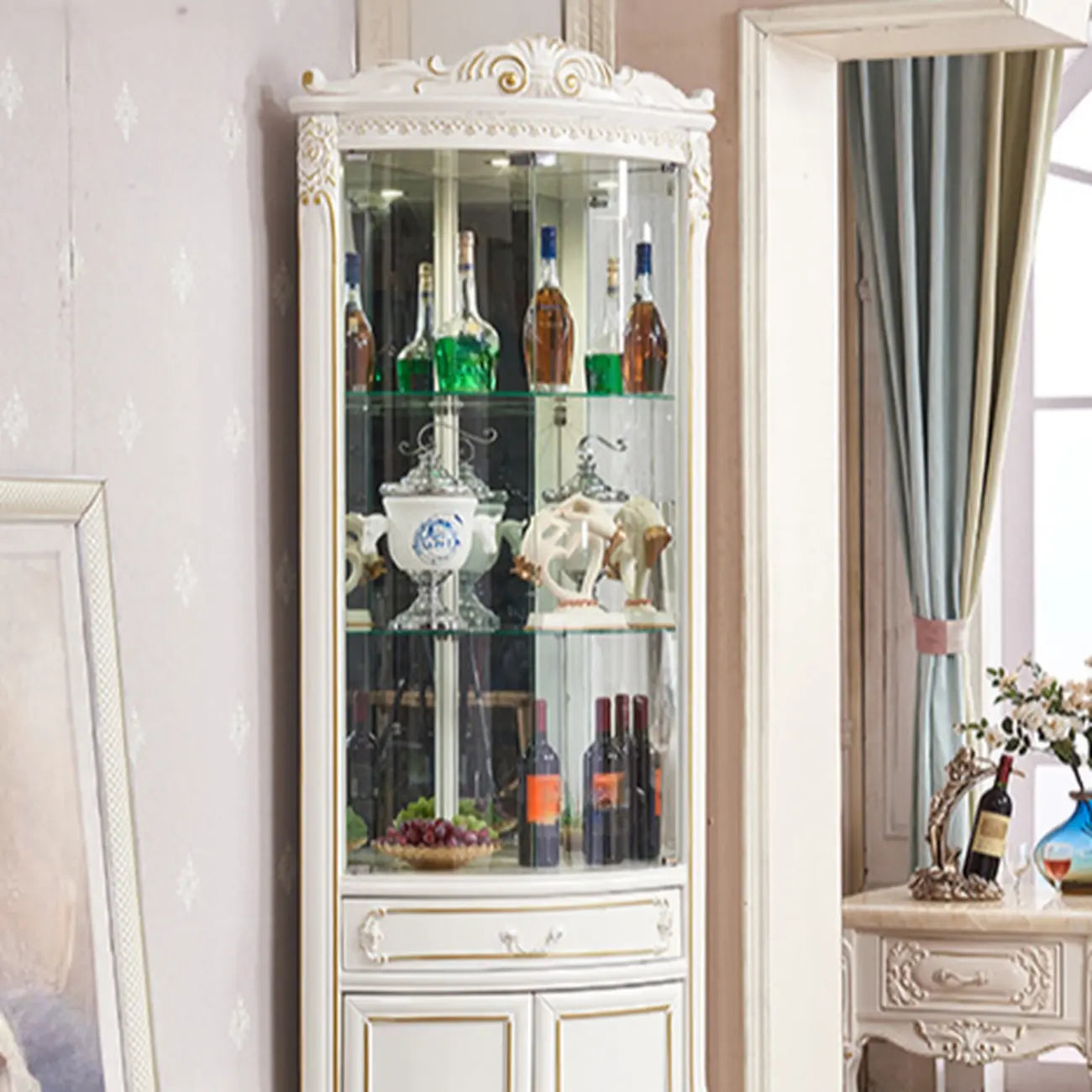 Ornate White-Gold Wooden Display Corner Cabinet Glass Front