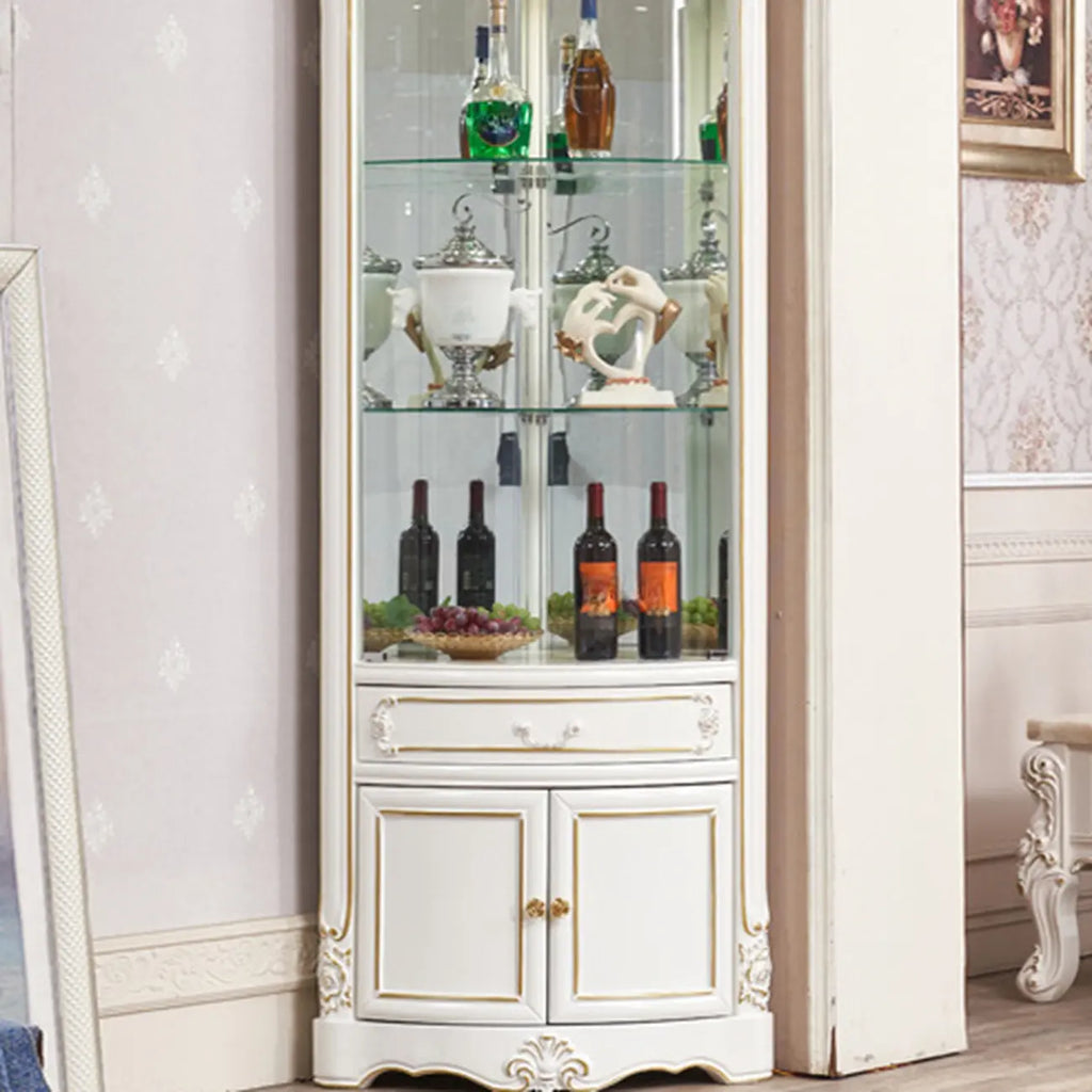 Ornate White-Gold Wooden Display Corner Cabinet Glass Front