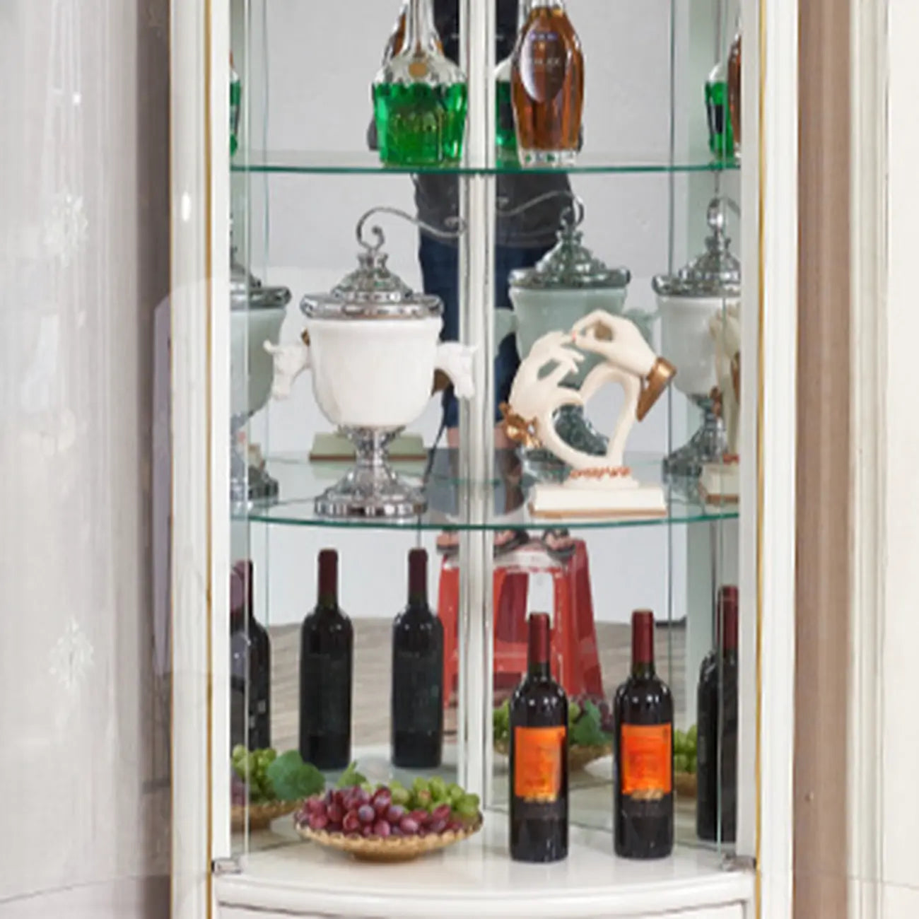 Ornate White-Gold Wooden Display Corner Cabinet Glass Front
