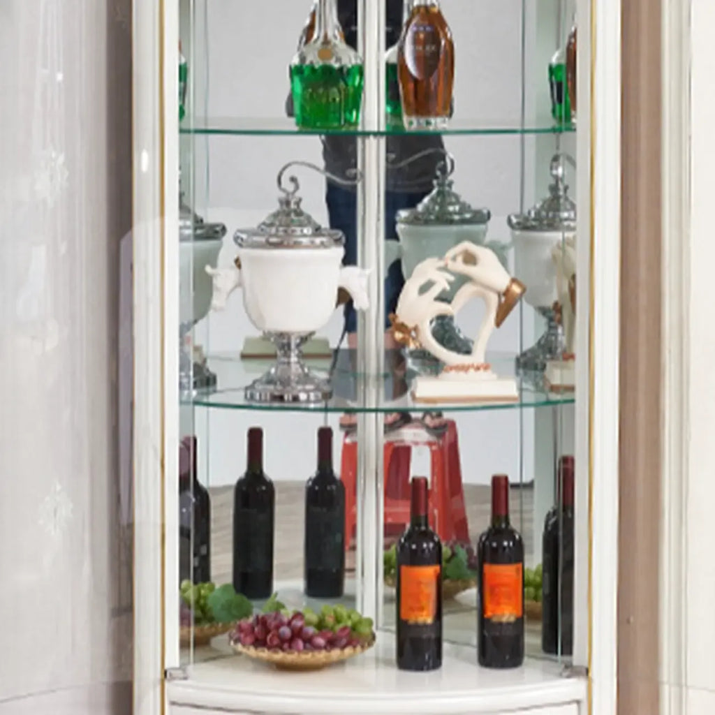 Ornate White-Gold Wooden Display Corner Cabinet Glass Front