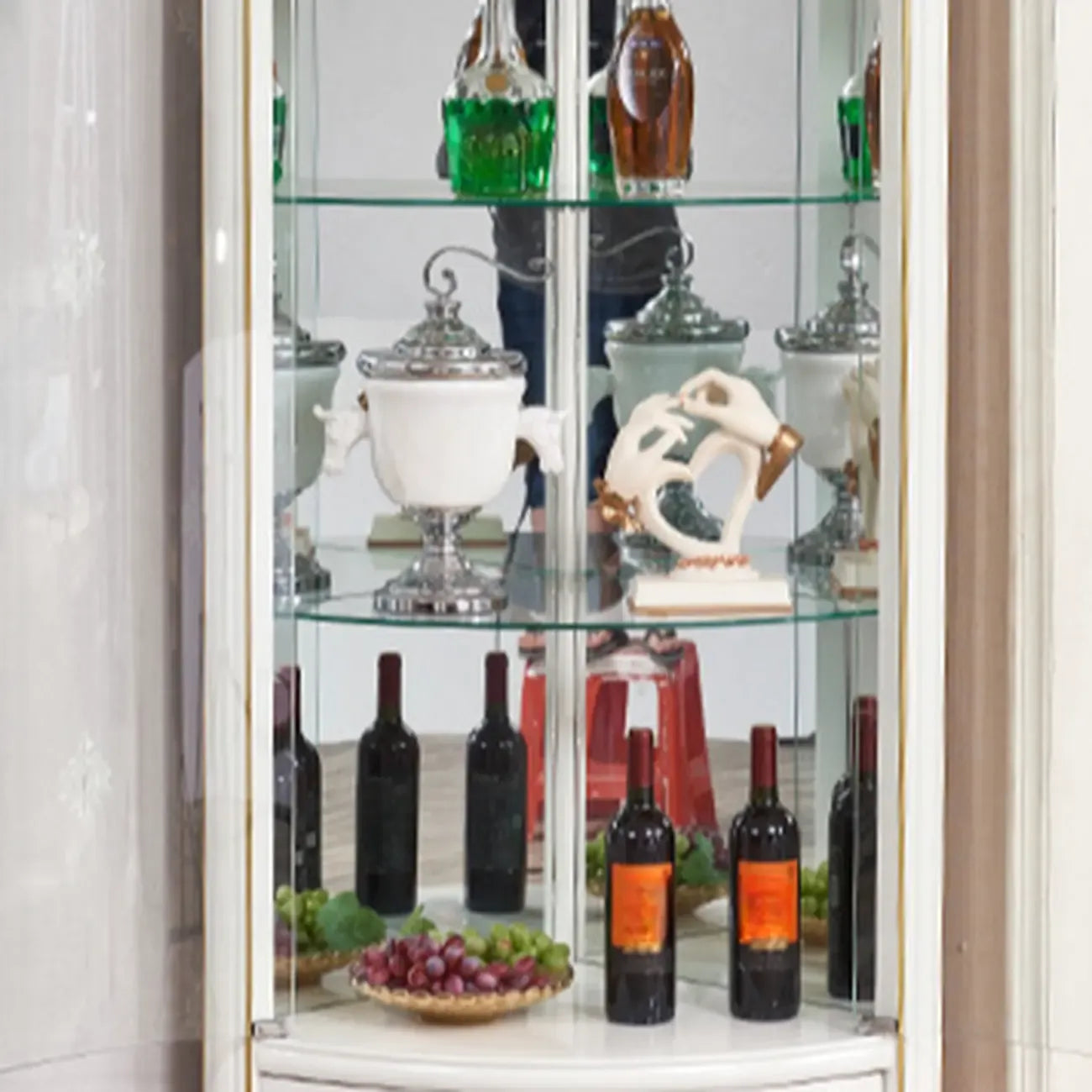Ornate White-Gold Wooden Display Corner Cabinet Glass Front
