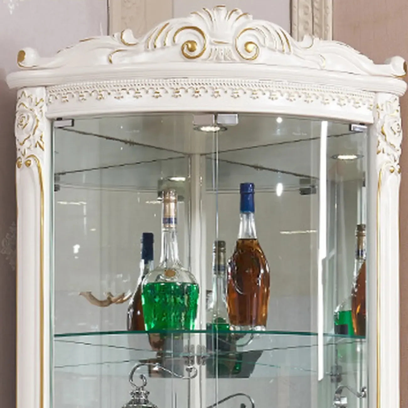 Ornate White-Gold Wooden Display Corner Cabinet Glass Front