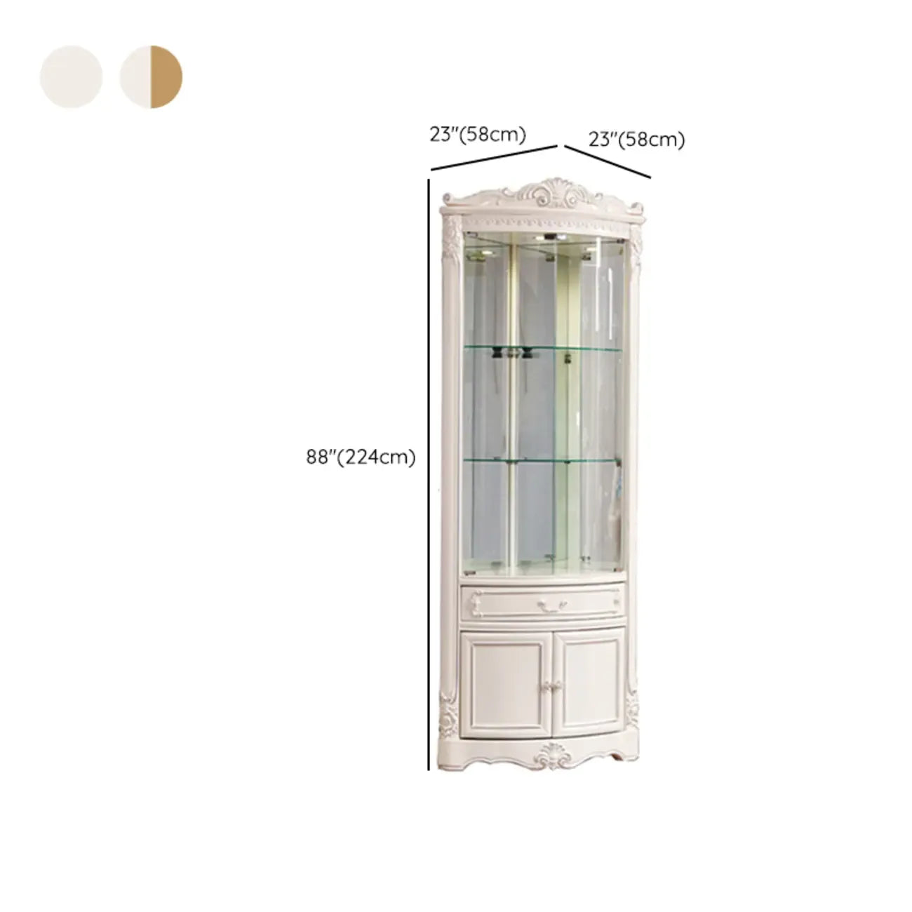 Ornate White-Gold Wooden Display Corner Cabinet Glass Front
