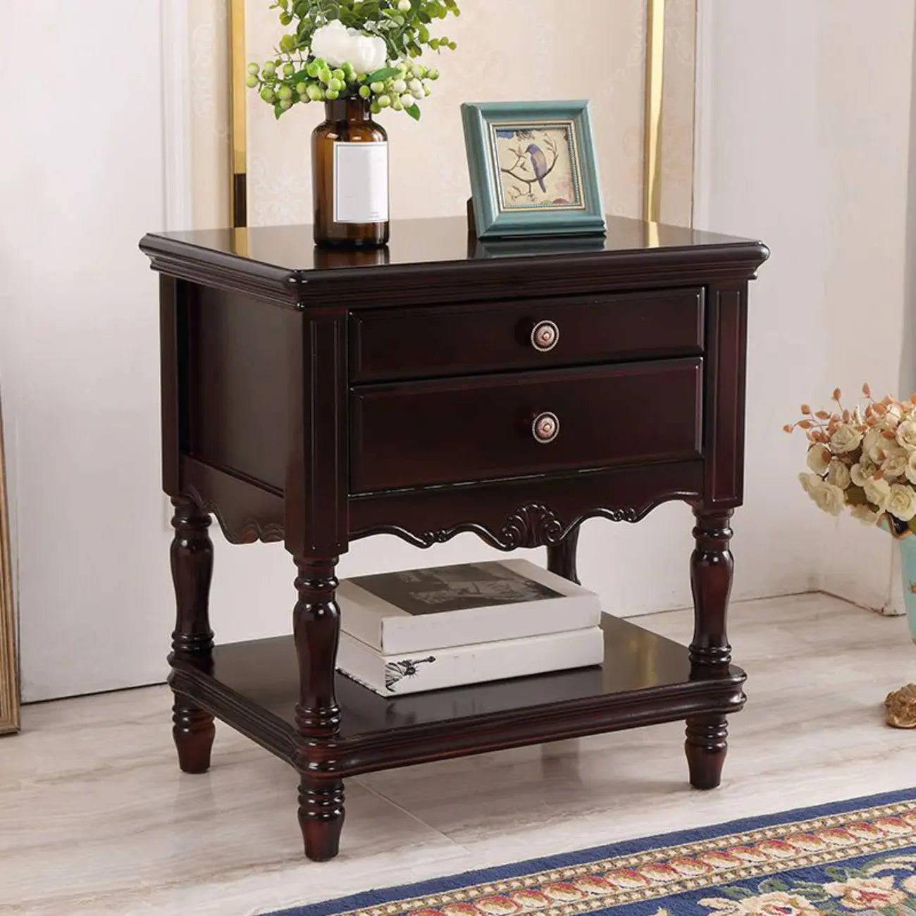 2-Drawer Wood End Table with Storage for Living Room