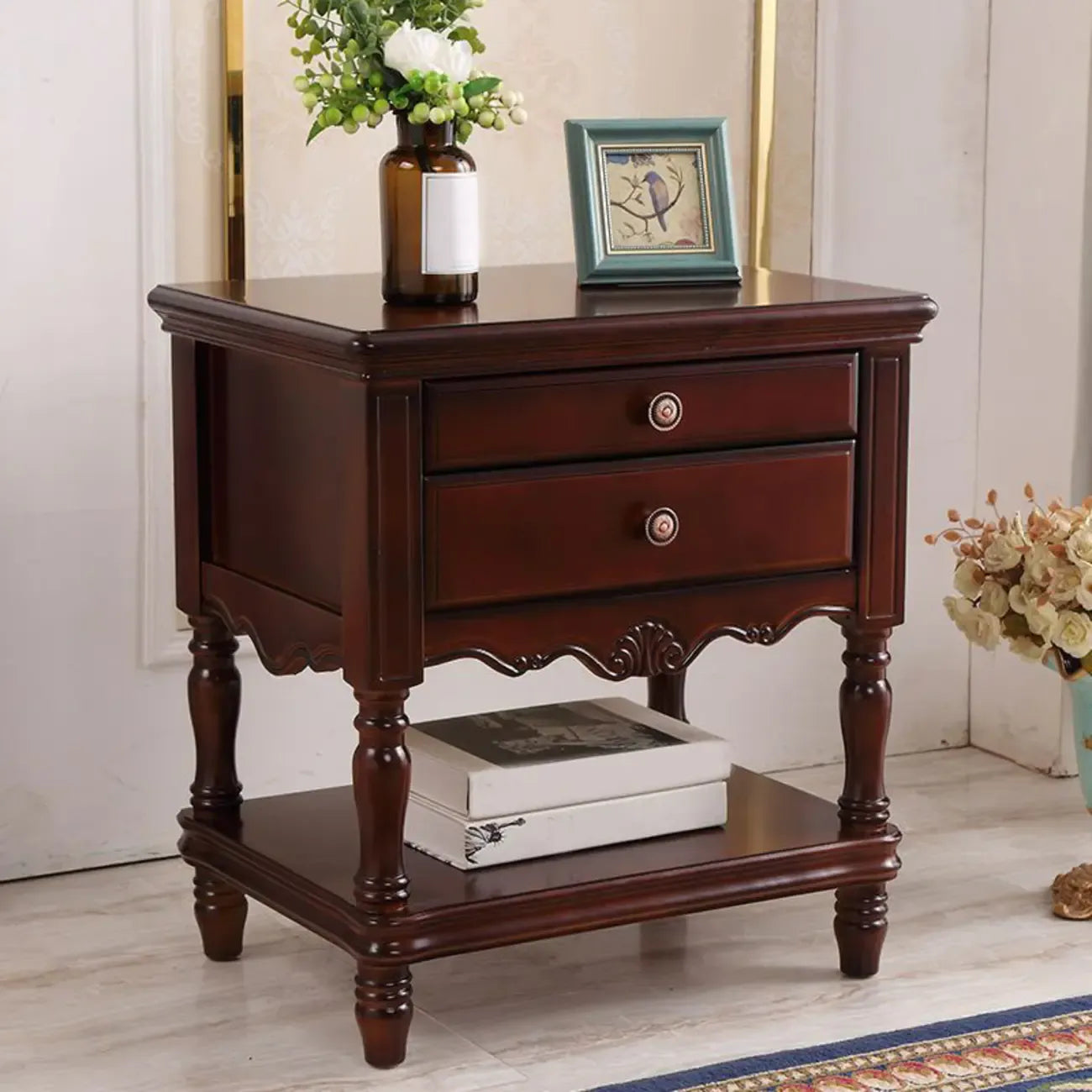 2-Drawer Wood End Table with Storage for Living Room