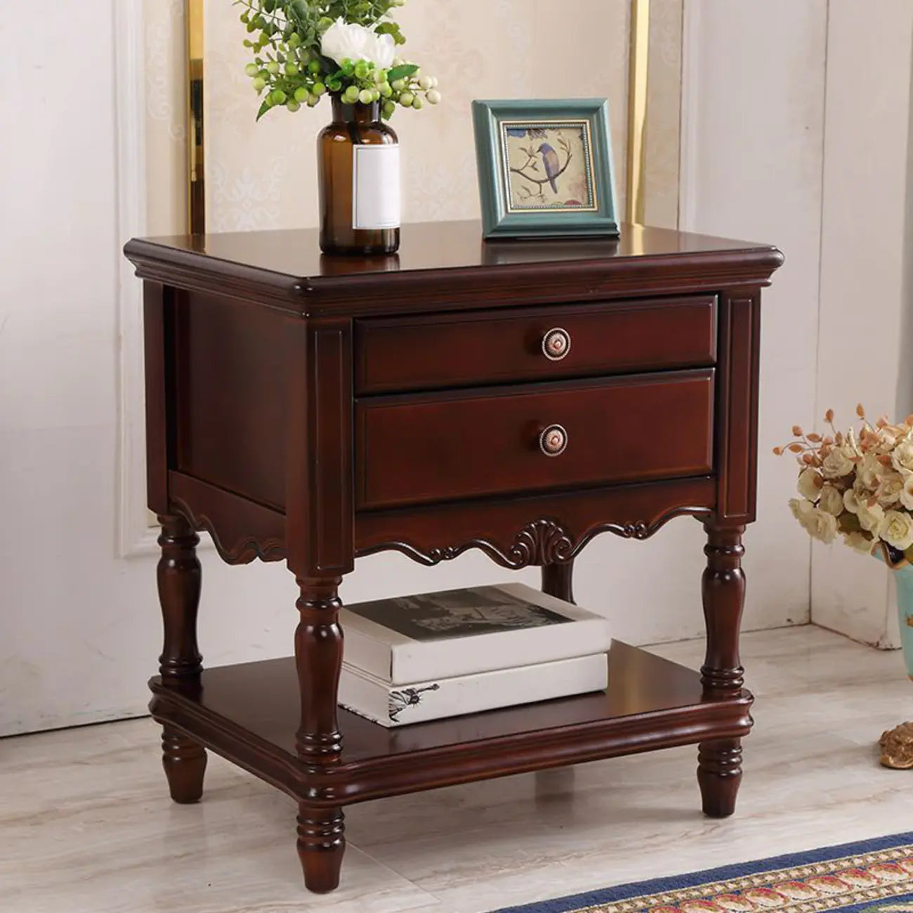 2-Drawer Wood End Table with Storage for Living Room