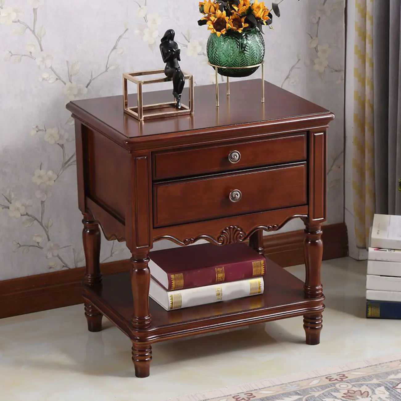 2-Drawer Wood End Table with Storage for Living Room