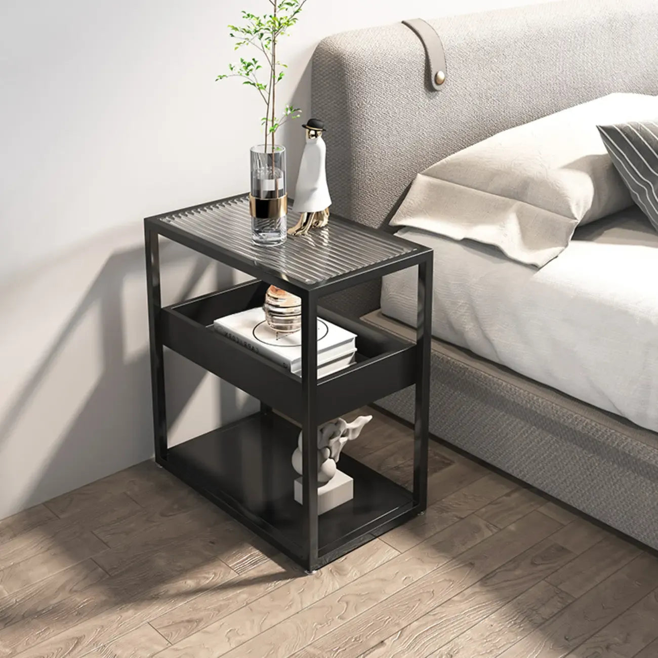 3-Tier Black Metal Frame Glass Top Side Table with Storage