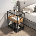 3-Tier Black Metal Frame Glass Top Side Table with Storage