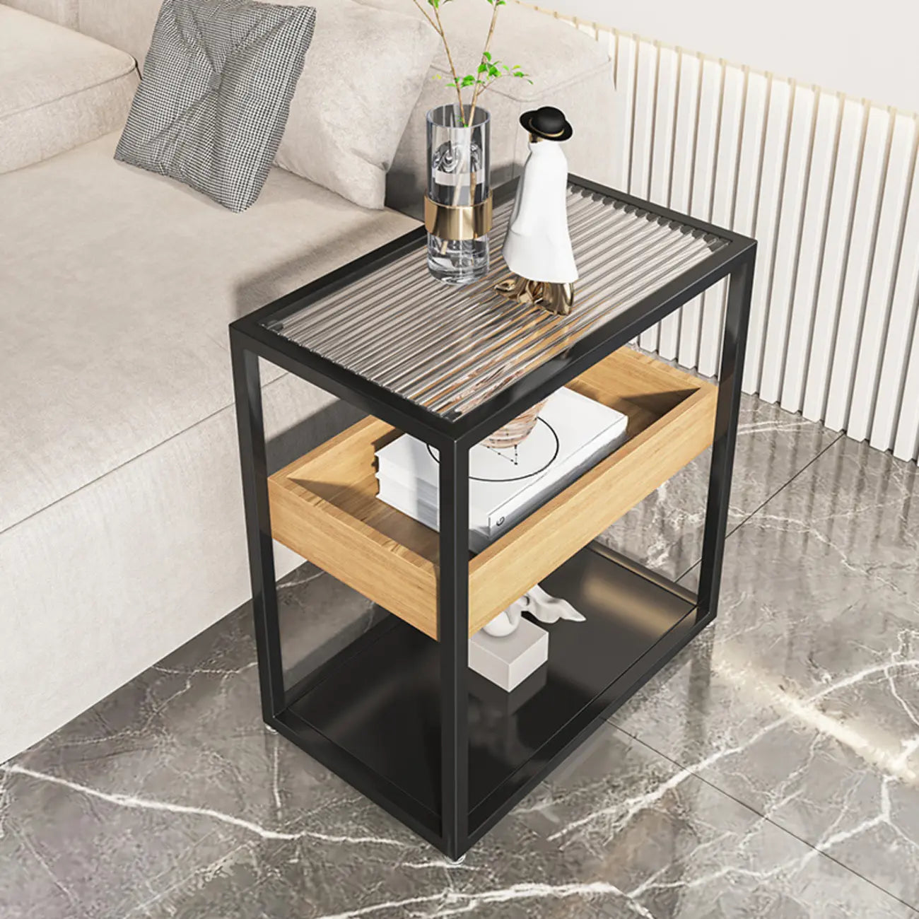 3-Tier Black Metal Frame Glass Top Side Table with Storage