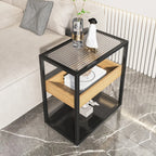 3-Tier Black Metal Frame Glass Top Side Table with Storage