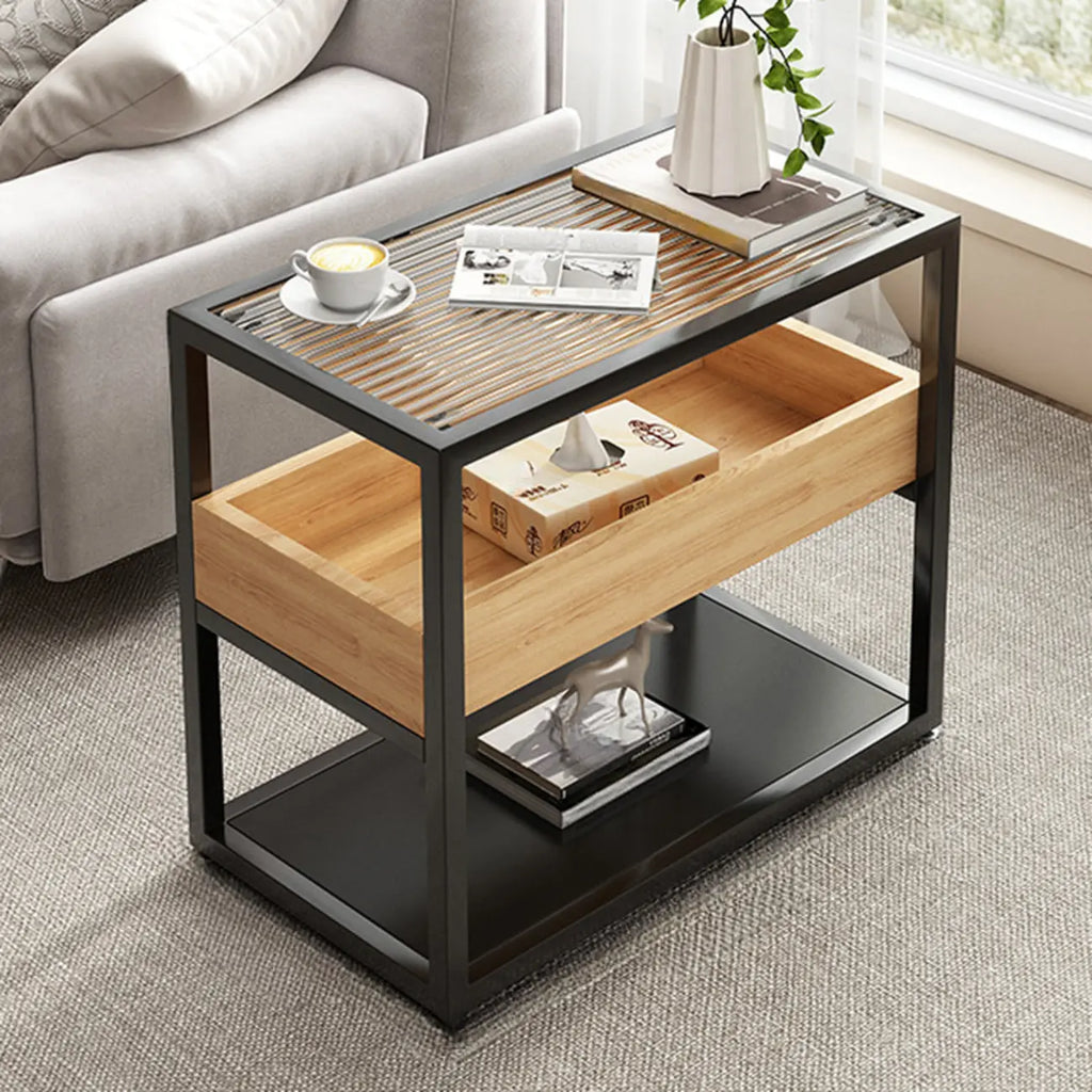 3-Tier Black Metal Frame Glass Top Side Table with Storage