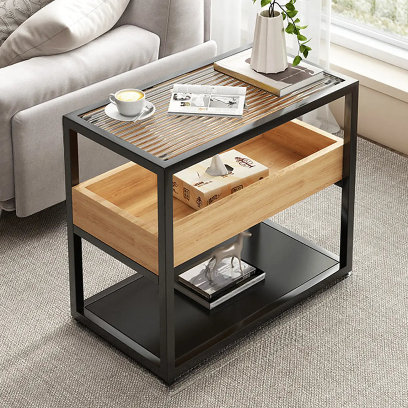 3-Tier Black Metal Frame Glass Top Side Table with Storage