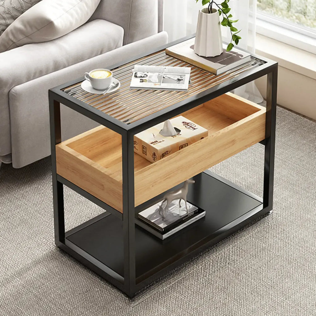 3-Tier Black Metal Frame Glass Top Side Table with Storage