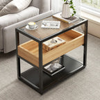 3-Tier Black Metal Frame Glass Top Side Table with Storage