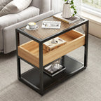 3-Tier Black Metal Frame Glass Top Side Table with Storage