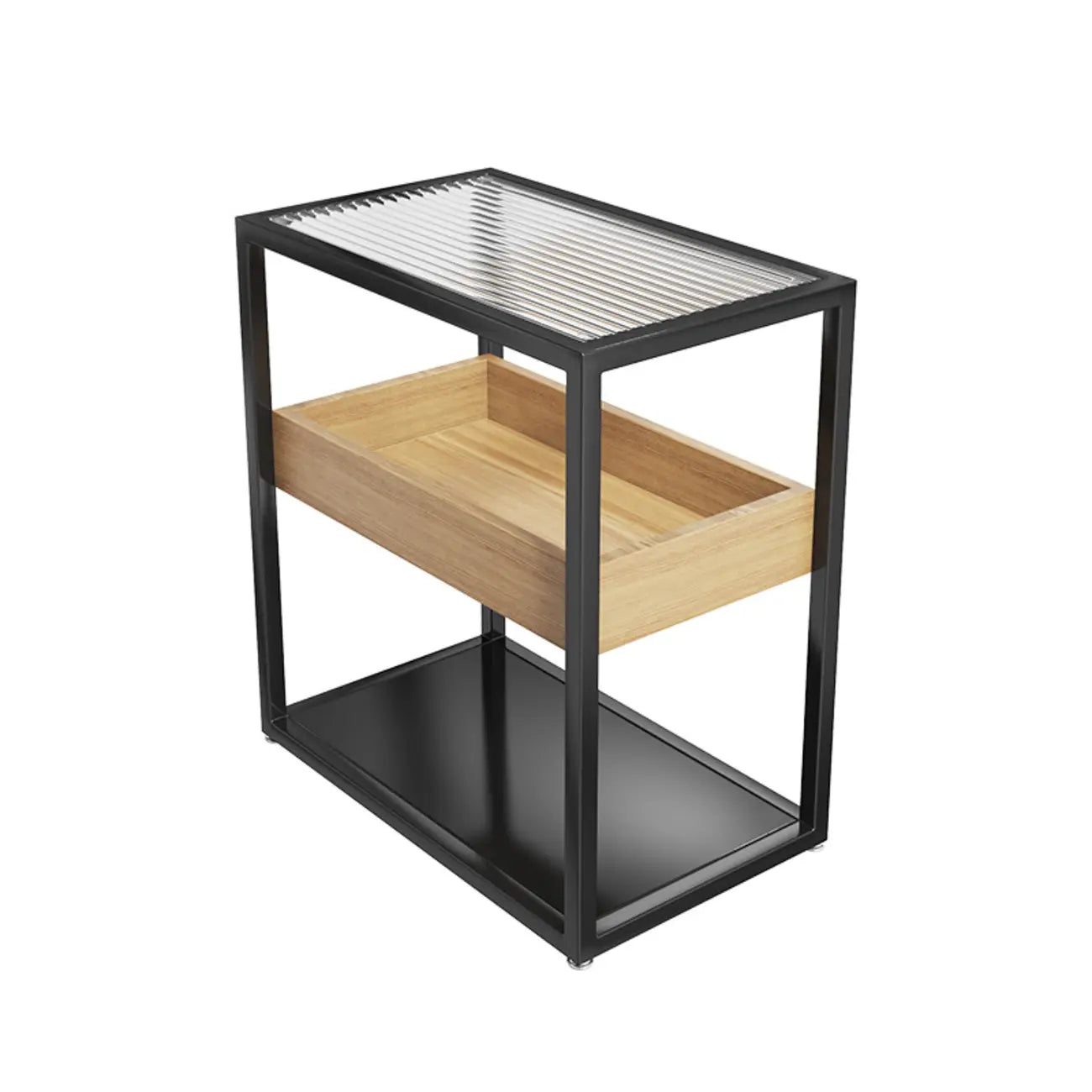 3-Tier Black Metal Frame Glass Top Side Table with Storage