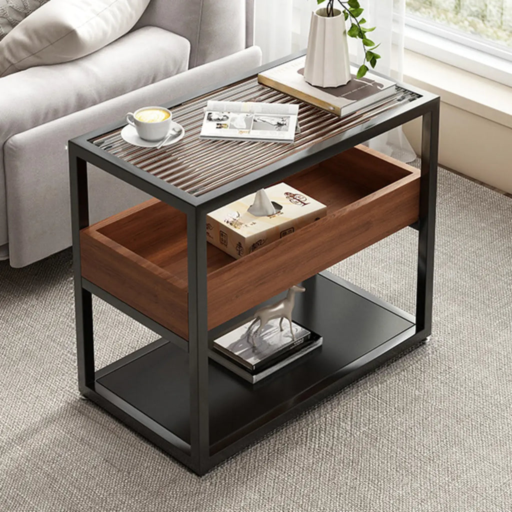 3-Tier Black Metal Frame Glass Top Side Table with Storage
