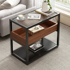 3-Tier Black Metal Frame Glass Top Side Table with Storage