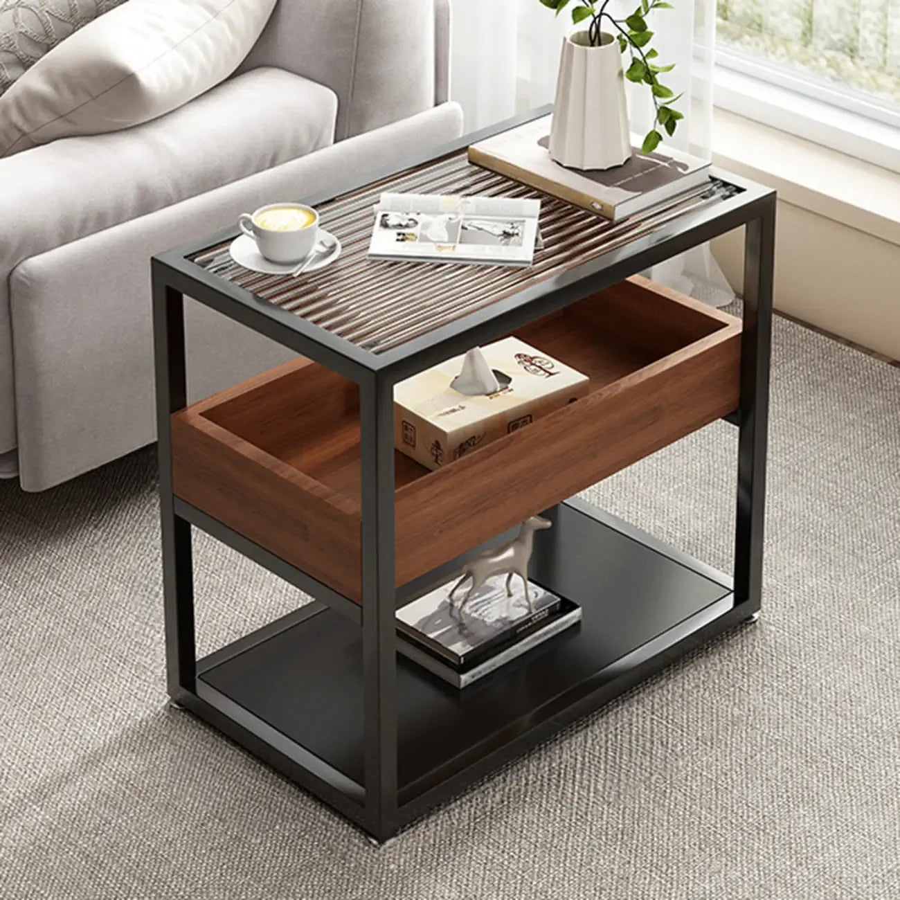 3-Tier Black Metal Frame Glass Top Side Table with Storage