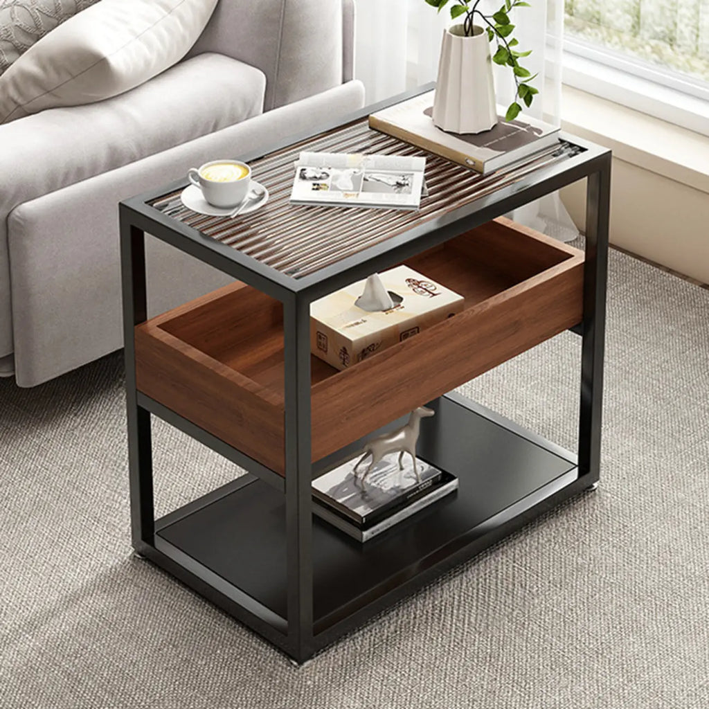 3-Tier Black Metal Frame Glass Top Side Table with Storage