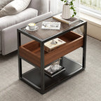 3-Tier Black Metal Frame Glass Top Side Table with Storage