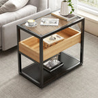 3-Tier Black Metal Frame Glass Top Side Table with Storage