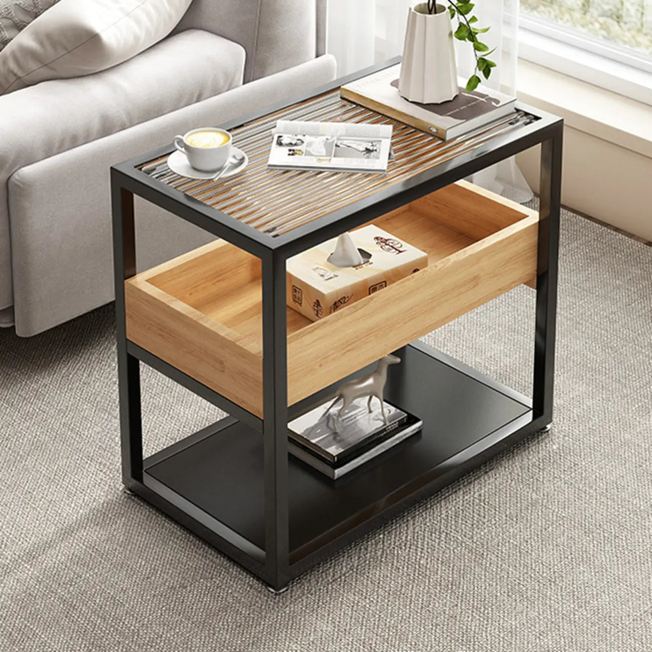 3-Tier Black Metal Frame Glass Top Side Table with Storage