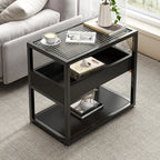 3-Tier Black Metal Frame Glass Top Side Table with Storage