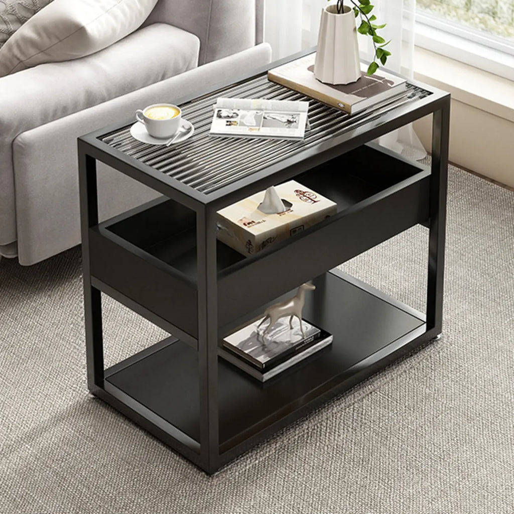 3-Tier Black Metal Frame Glass Top Side Table with Storage
