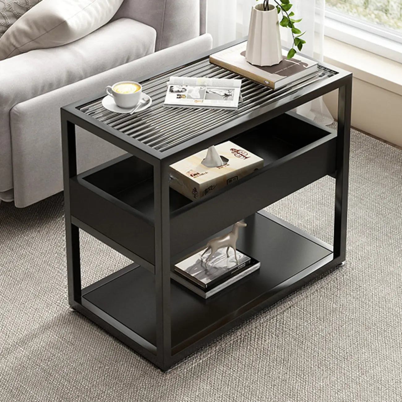 3-Tier Black Metal Frame Glass Top Side Table with Storage