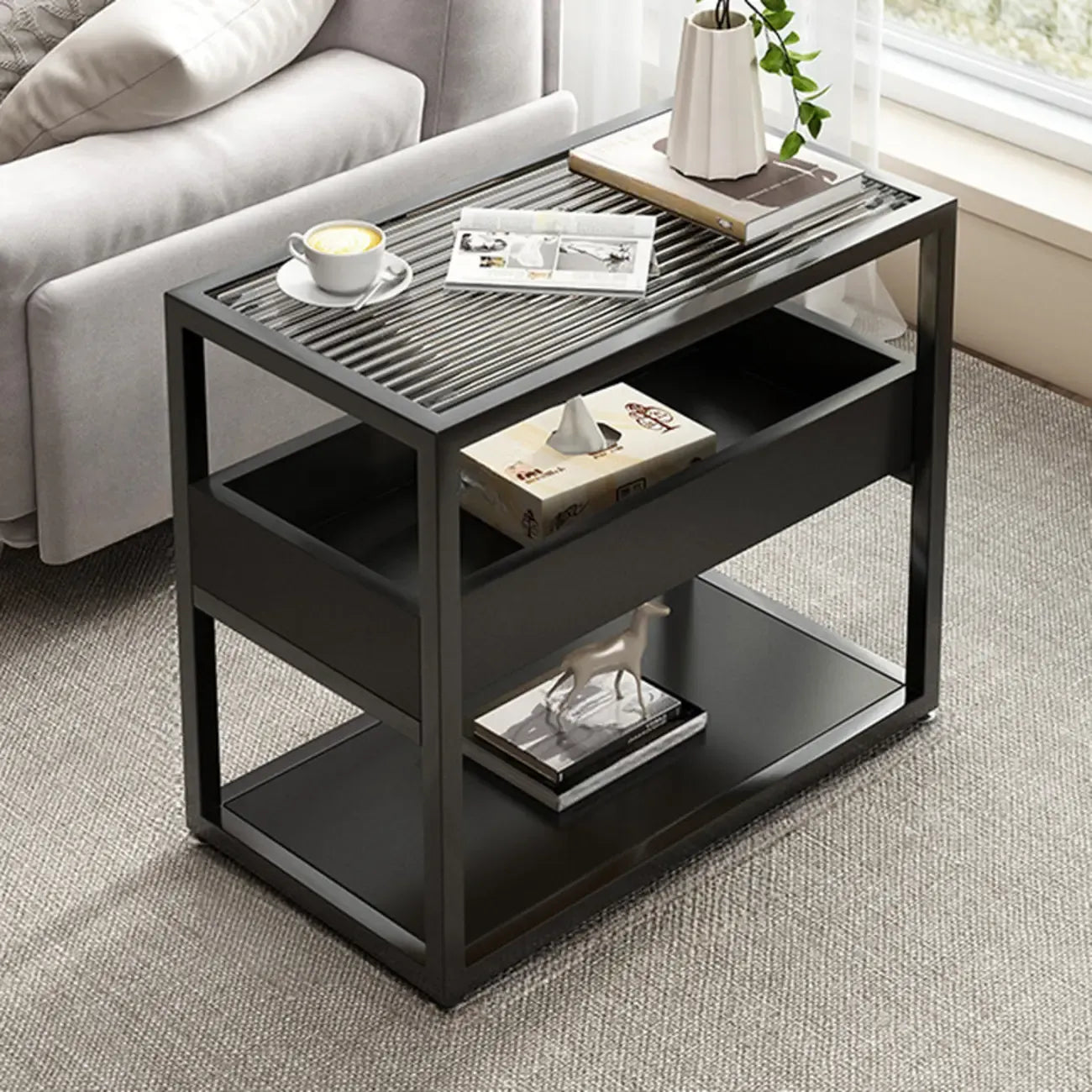 3-Tier Black Metal Frame Glass Top Side Table with Storage