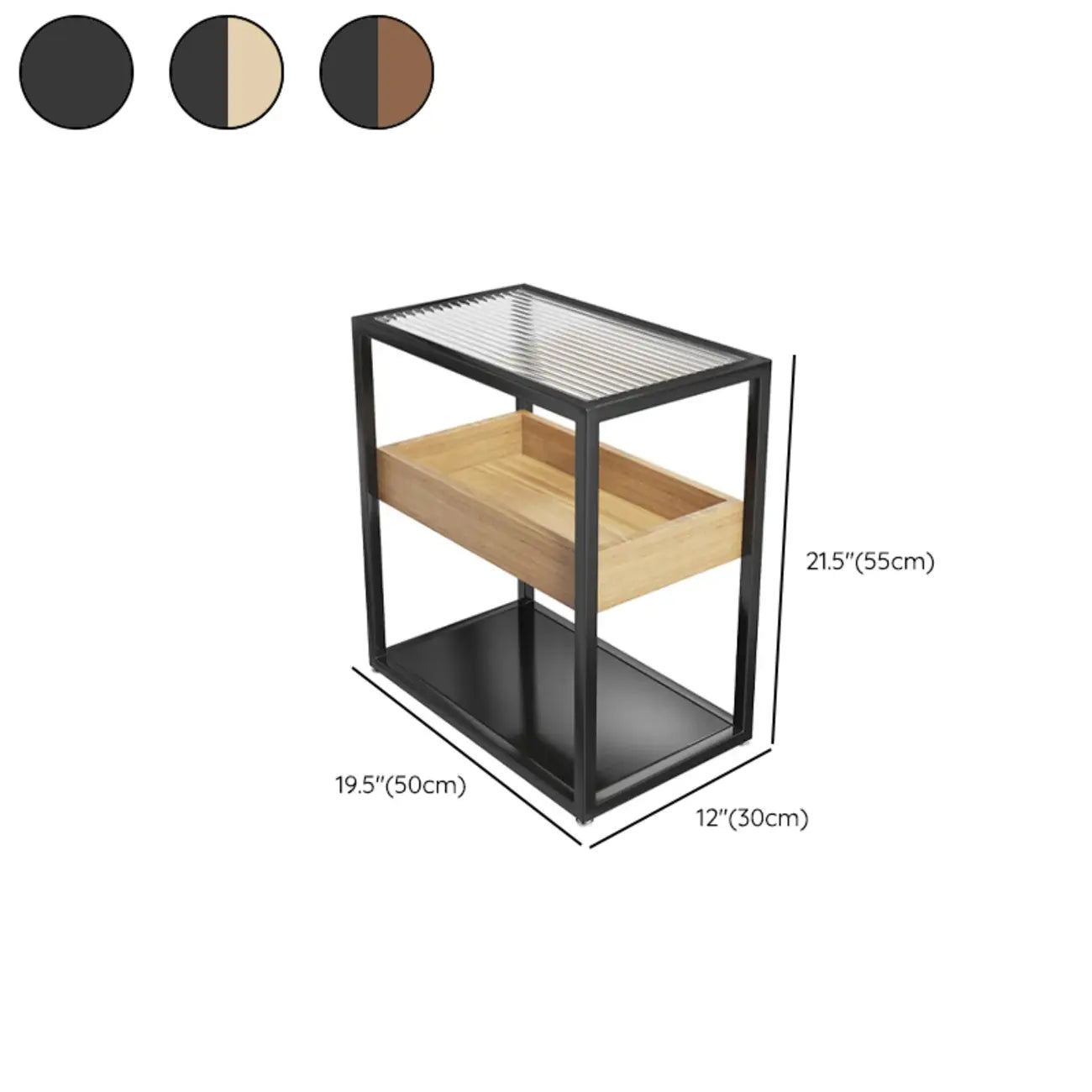 3-Tier Black Metal Frame Glass Top Side Table with Storage