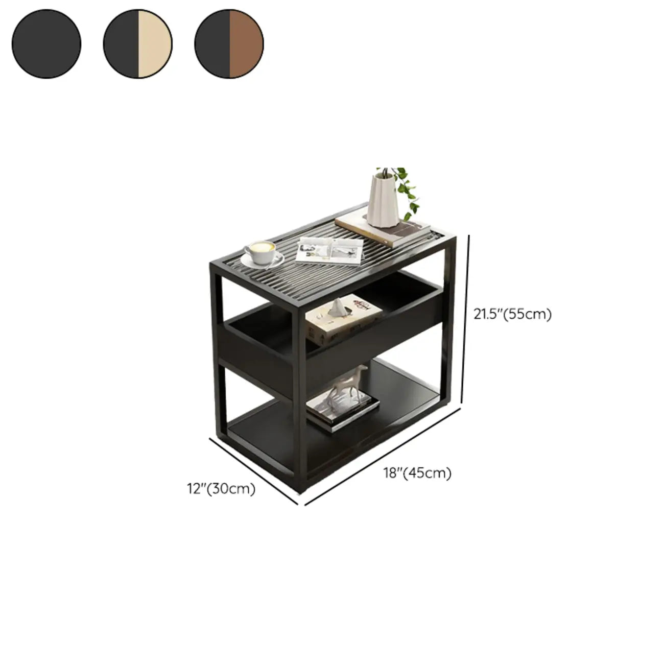 3-Tier Black Metal Frame Glass Top Side Table with Storage