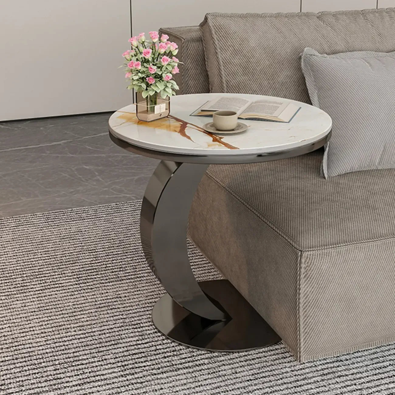 Modern C-Shaped Round Marble Side Table for Living Room