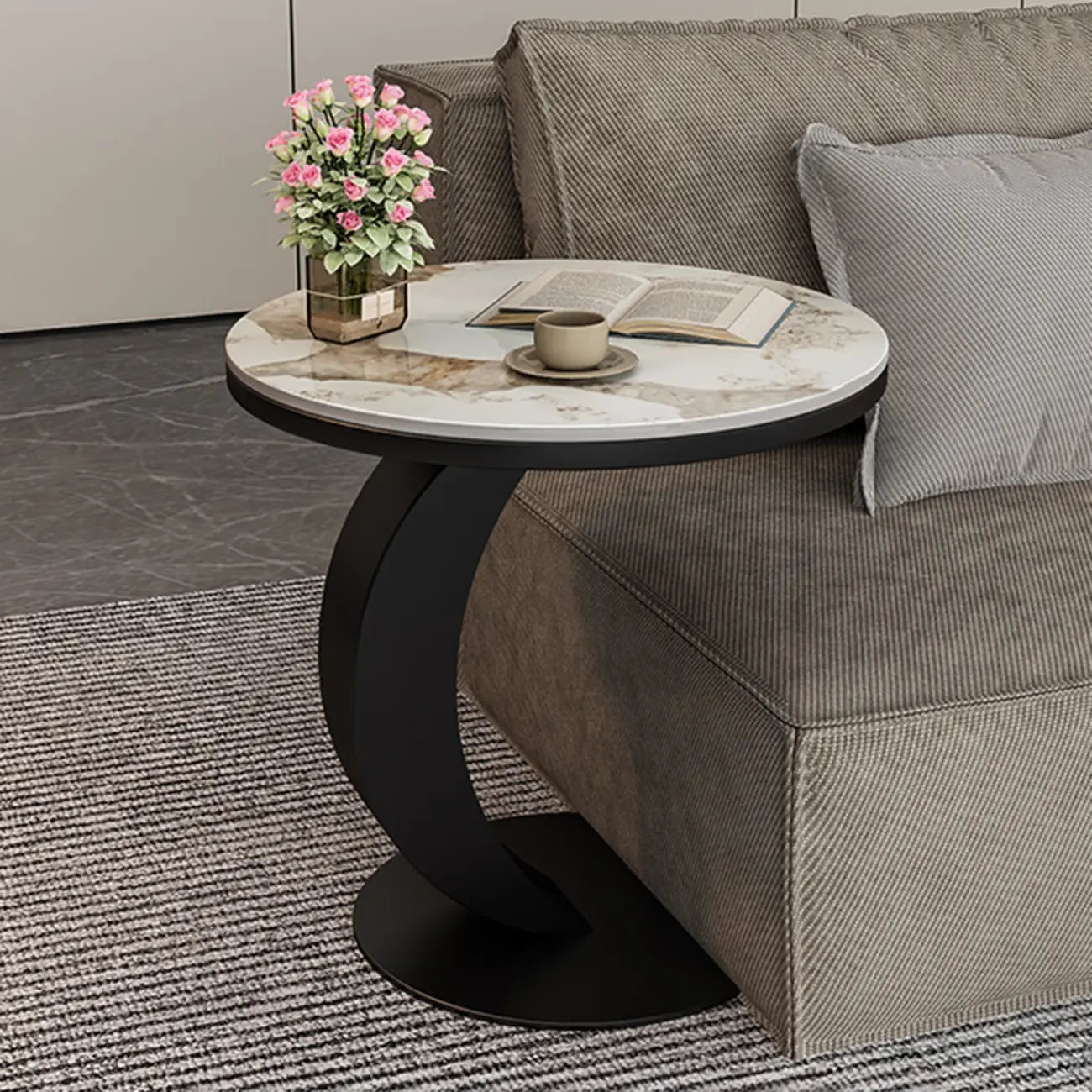 Modern C-Shaped Round Marble Side Table for Living Room