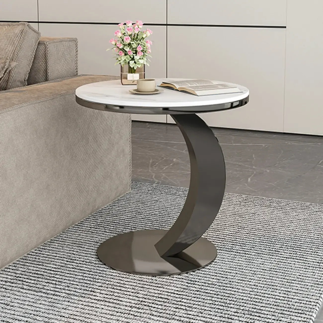 Modern C-Shaped Round Marble Side Table for Living Room