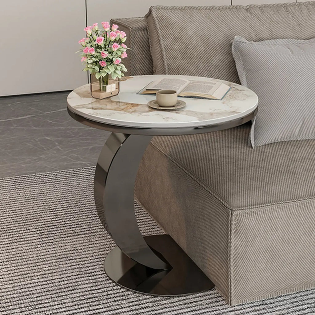 Modern C-Shaped Round Marble Side Table for Living Room