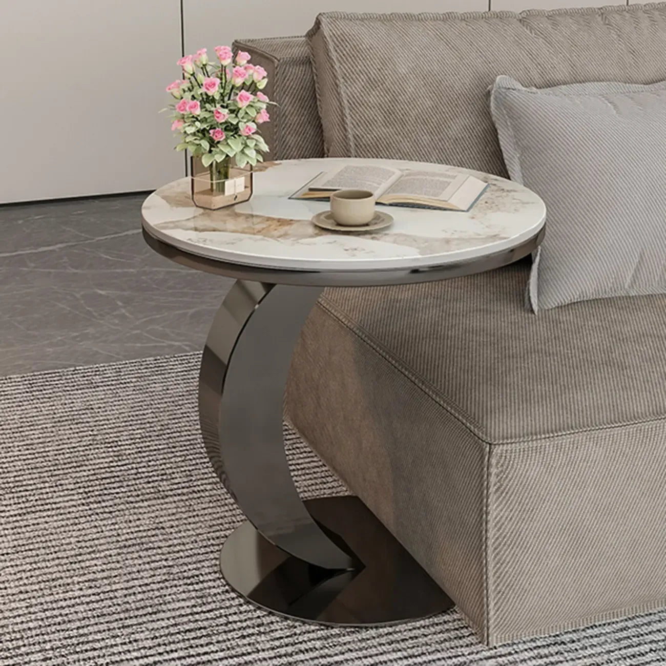 Modern C-Shaped Round Marble Side Table for Living Room