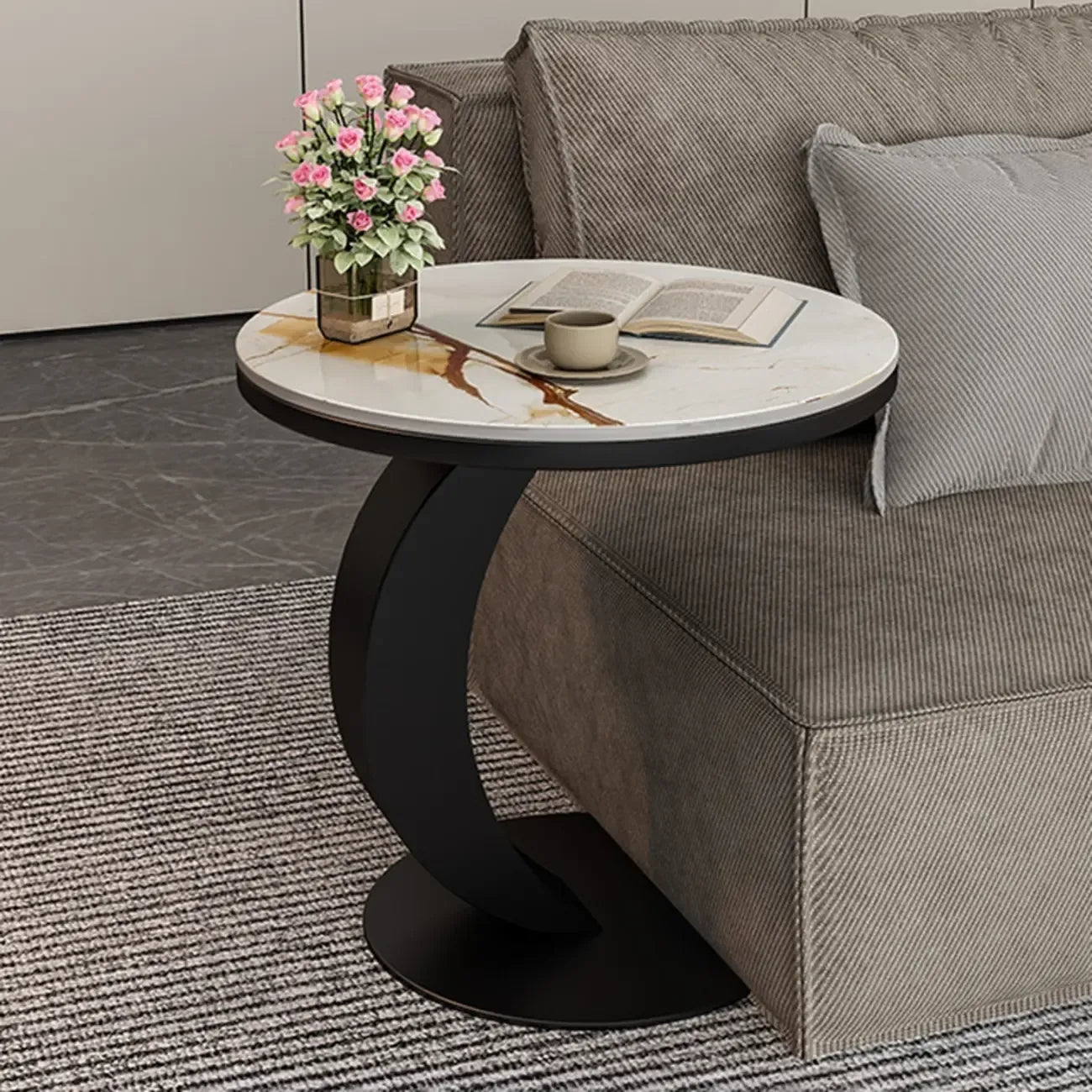 Modern C-Shaped Round Marble Side Table for Living Room