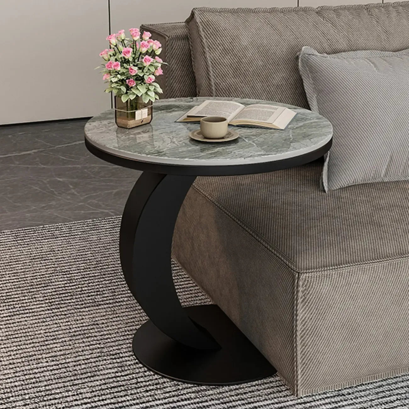 Modern C-Shaped Round Marble Side Table for Living Room
