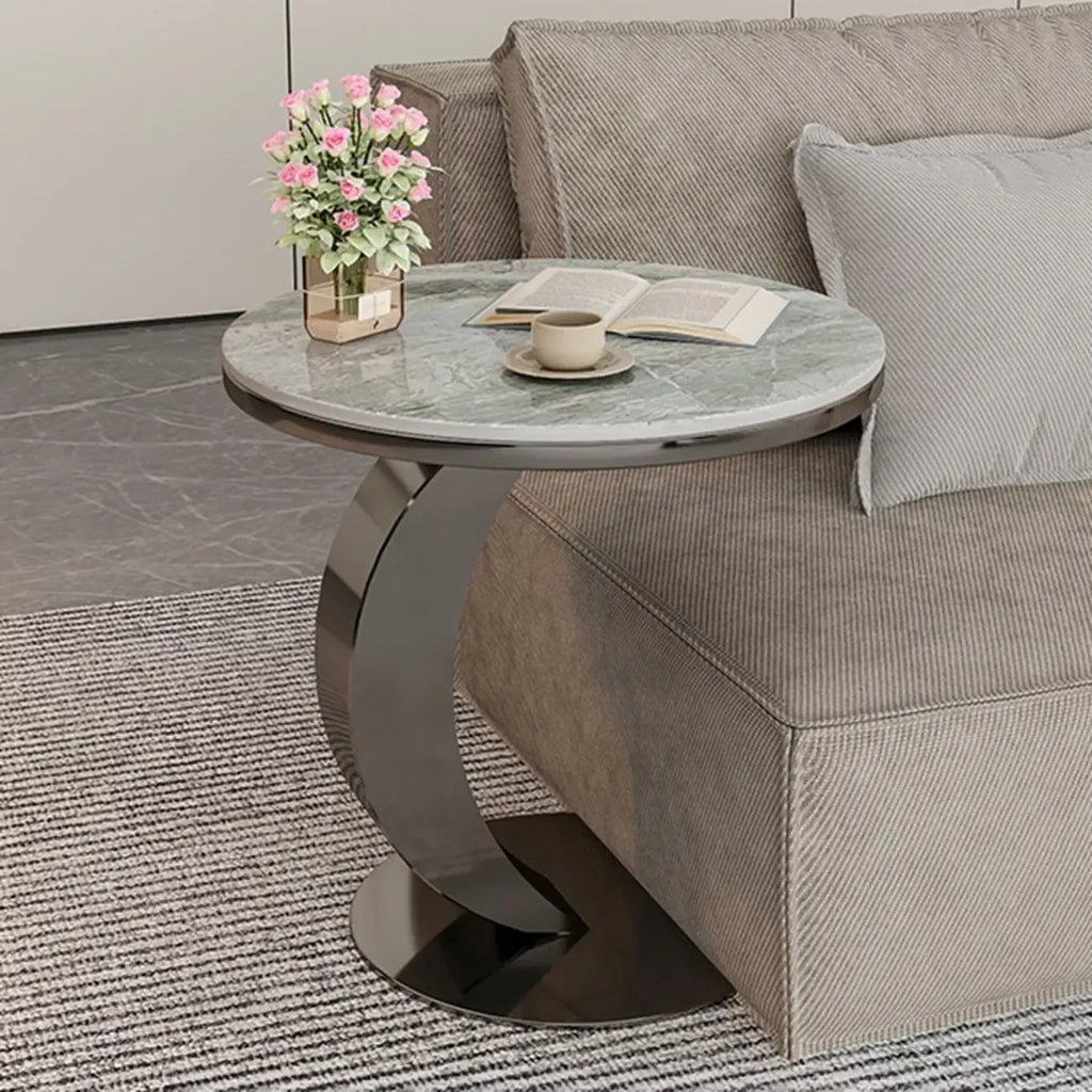 Modern C-Shaped Round Marble Side Table for Living Room