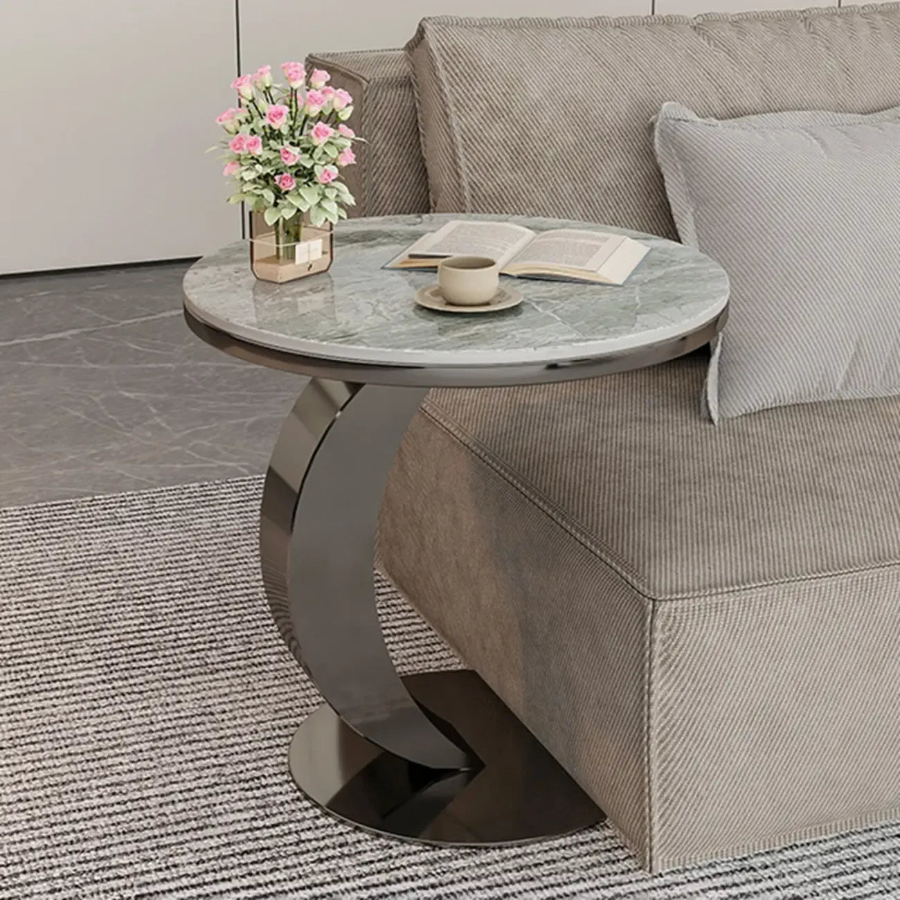 Modern C-Shaped Round Marble Side Table for Living Room