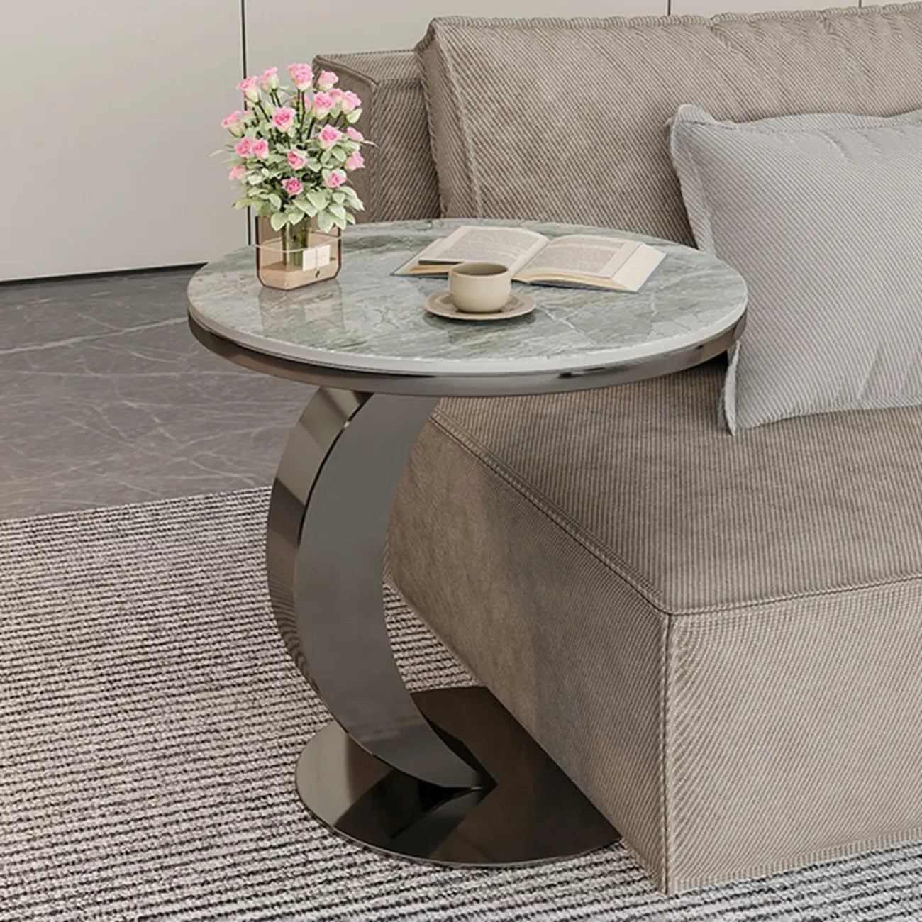Modern C-Shaped Round Marble Side Table for Living Room