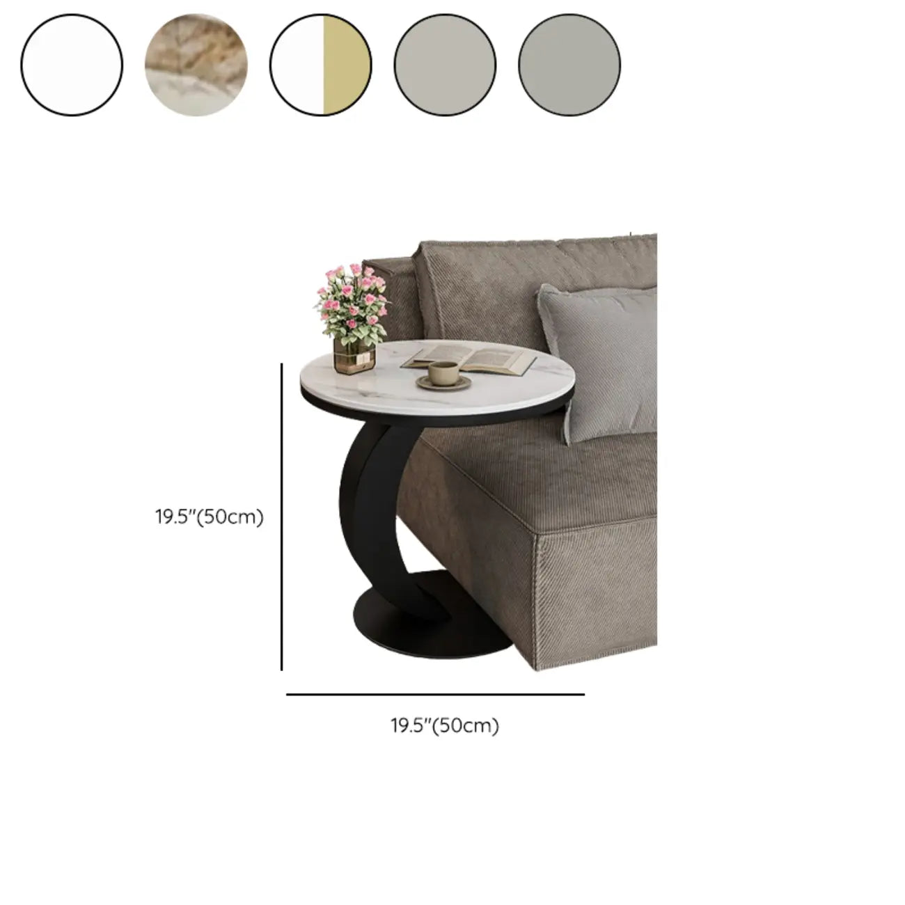 Modern C-Shaped Round Marble Side Table for Living Room