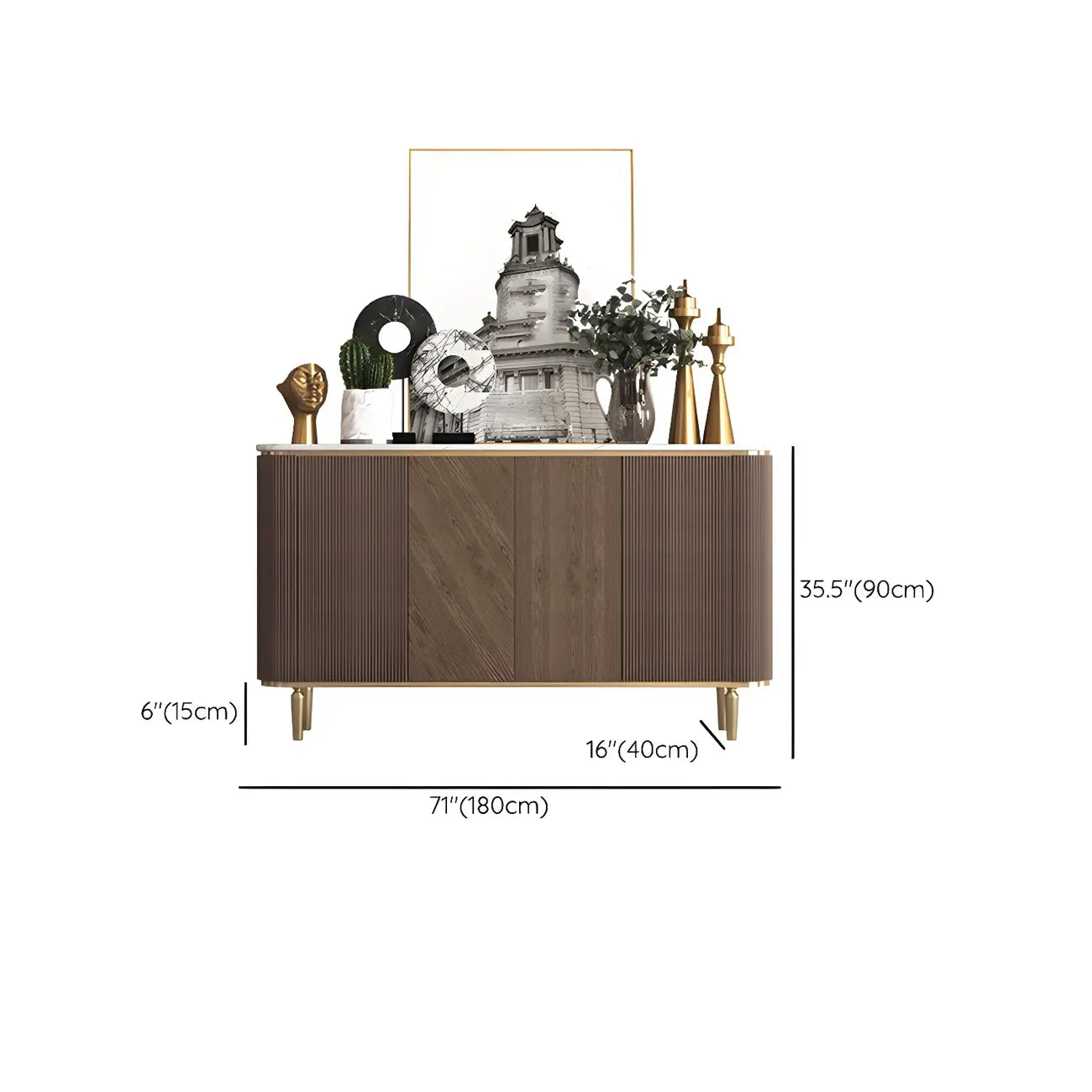 Glam Brown Wooden Sideboard with Marble Top