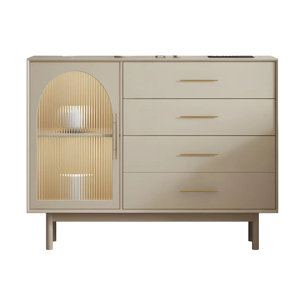 Elegant White Wooden Sideboard with Drawers & Glass Doors