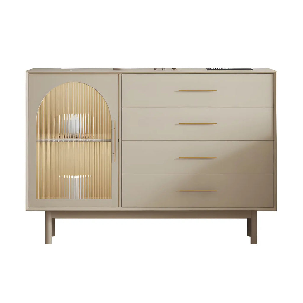 Elegant White Wooden Sideboard with Drawers & Glass Doors