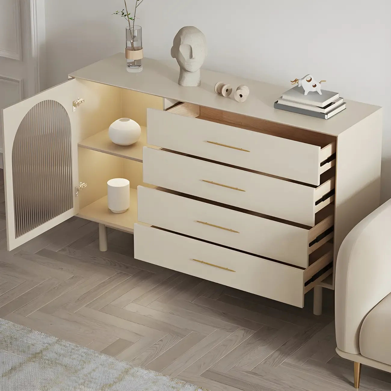 Elegant White Wooden Sideboard with Drawers & Glass Doors