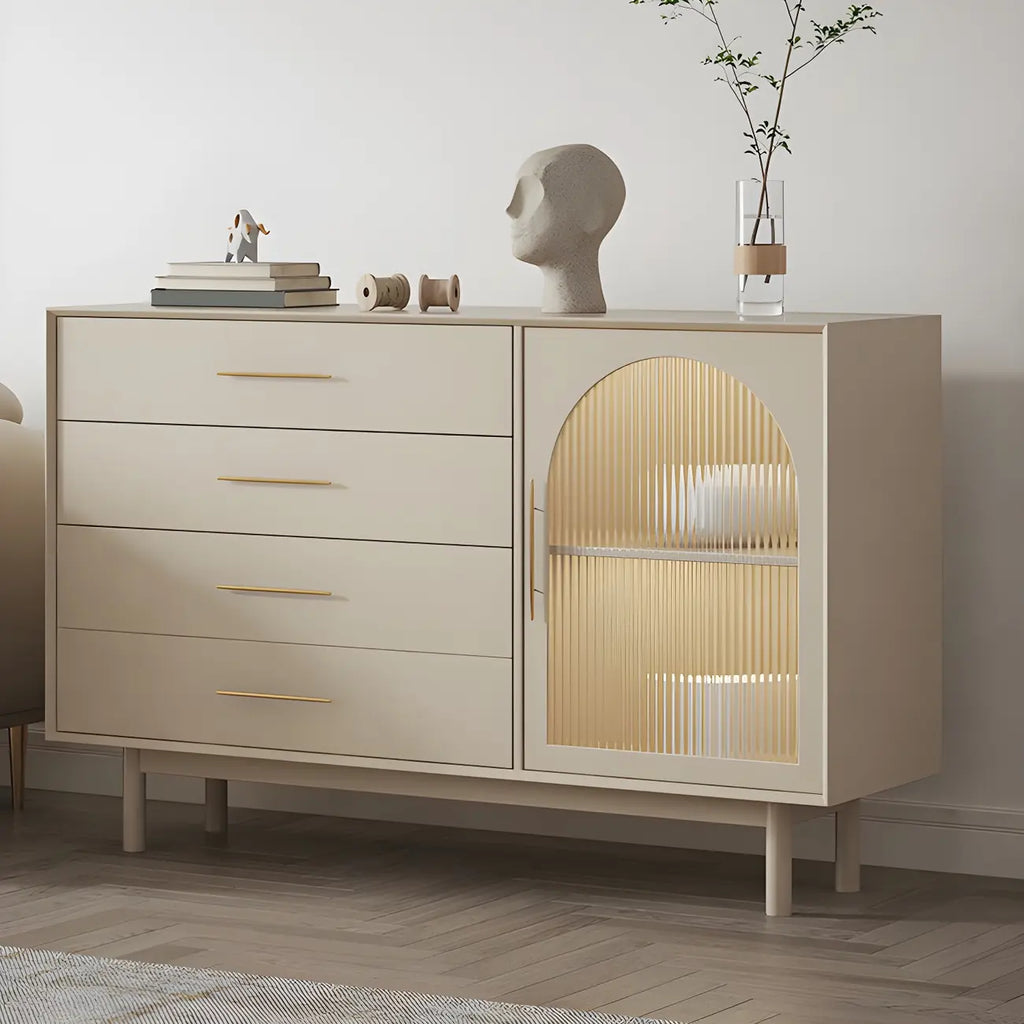 Elegant White Wooden Sideboard with Drawers & Glass Doors